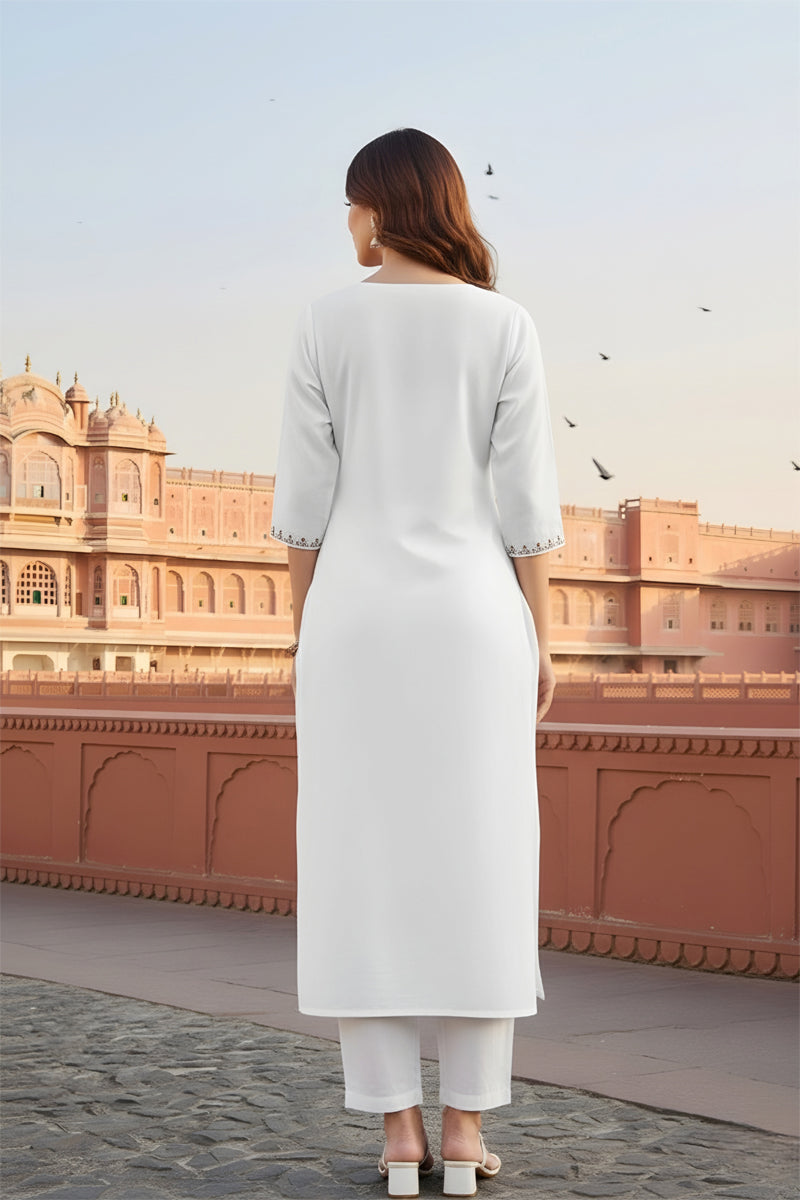 SRS Fashion White Embroidered Rayon Straight Kurta Set