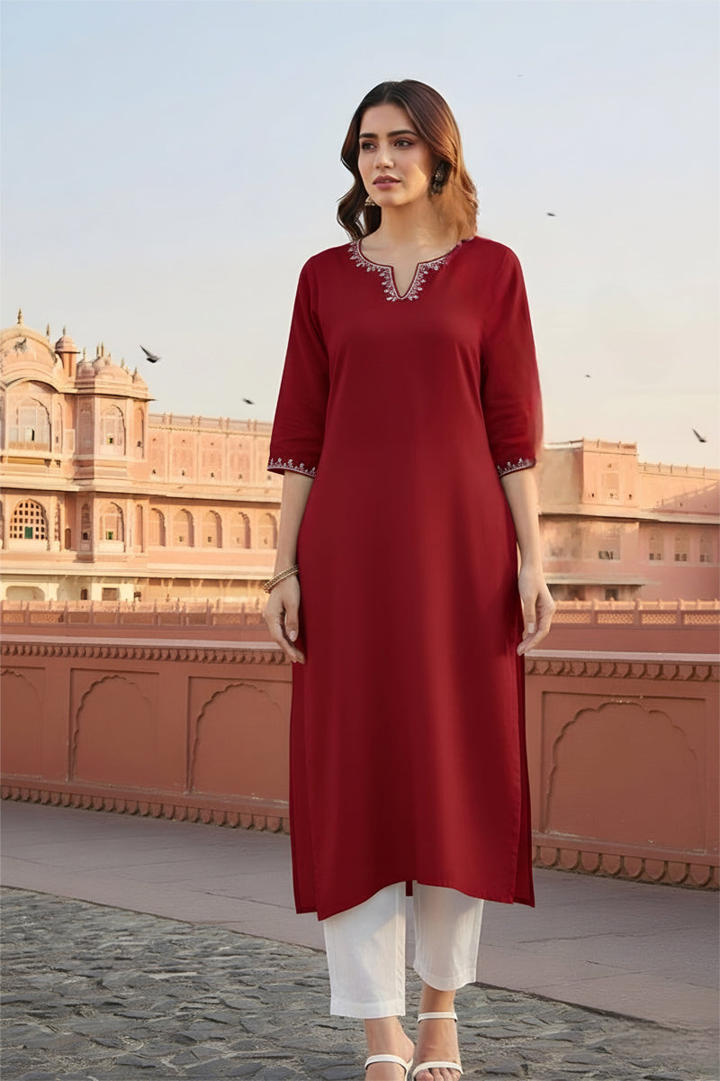 SRS Fashion Red Embroidered Rayon Straight Kurta Set