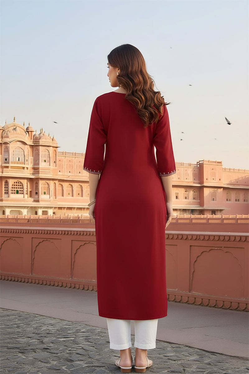 SRS Fashion Red Embroidered Rayon Straight Kurta Set
