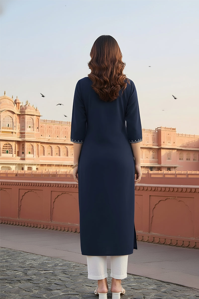 SRS Fashion Blue Embroidered Rayon Straight Kurta Set