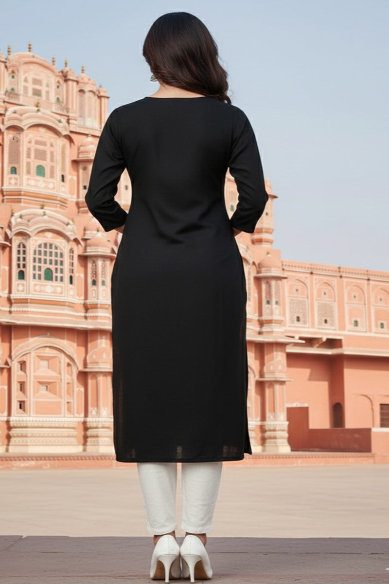 SRS Fashion Black Embroidered Rayon Straight Kurta Set