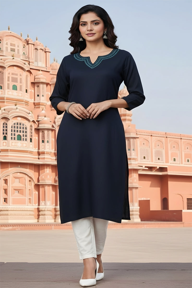 SRS Fashion Blue Embroidered Rayon Straight Kurta Set