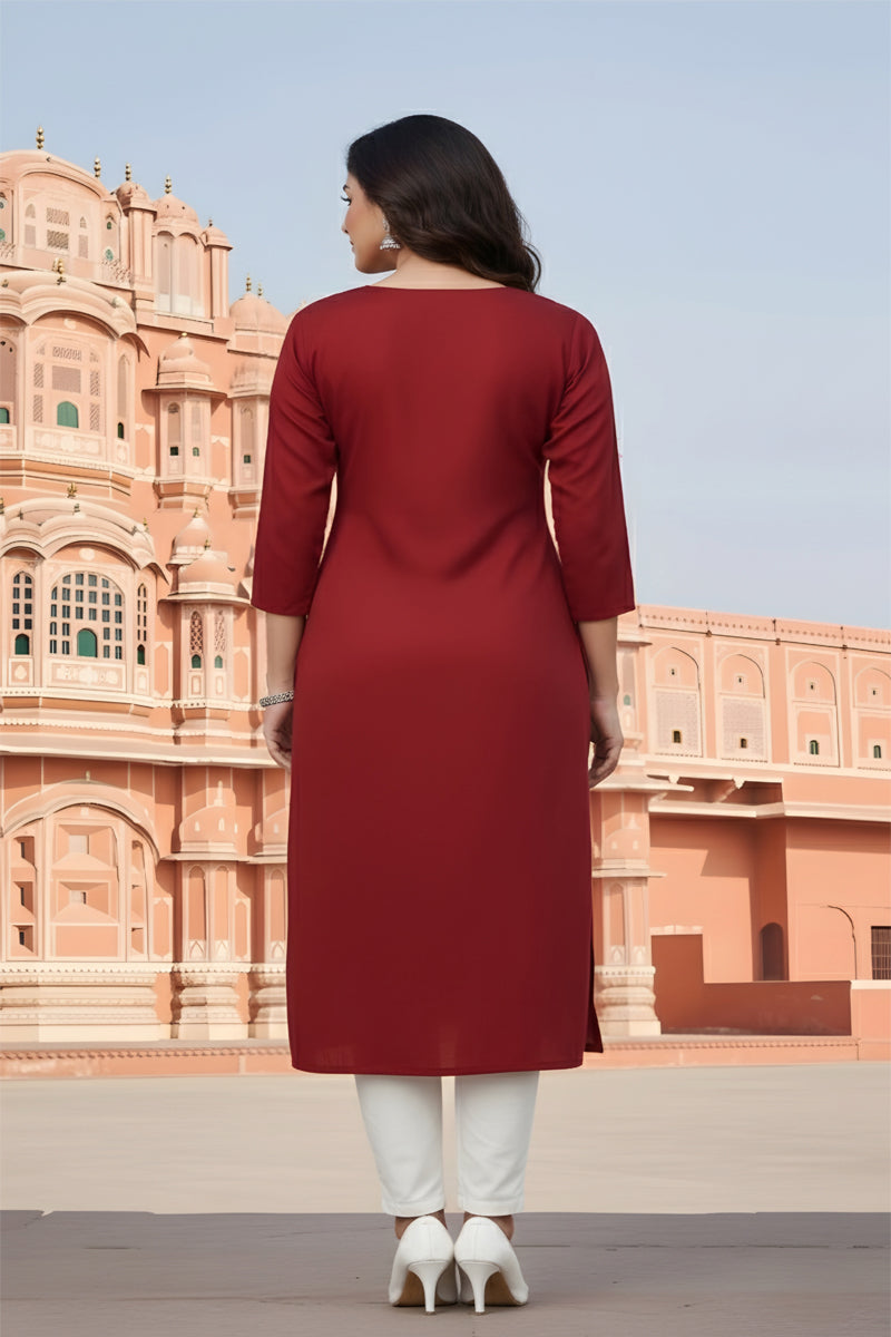 SRS Fashion Red Embroidered Rayon Straight Kurta Set