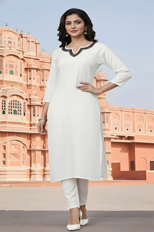 SRS Fashion White Embroidered Rayon Straight Kurta Set