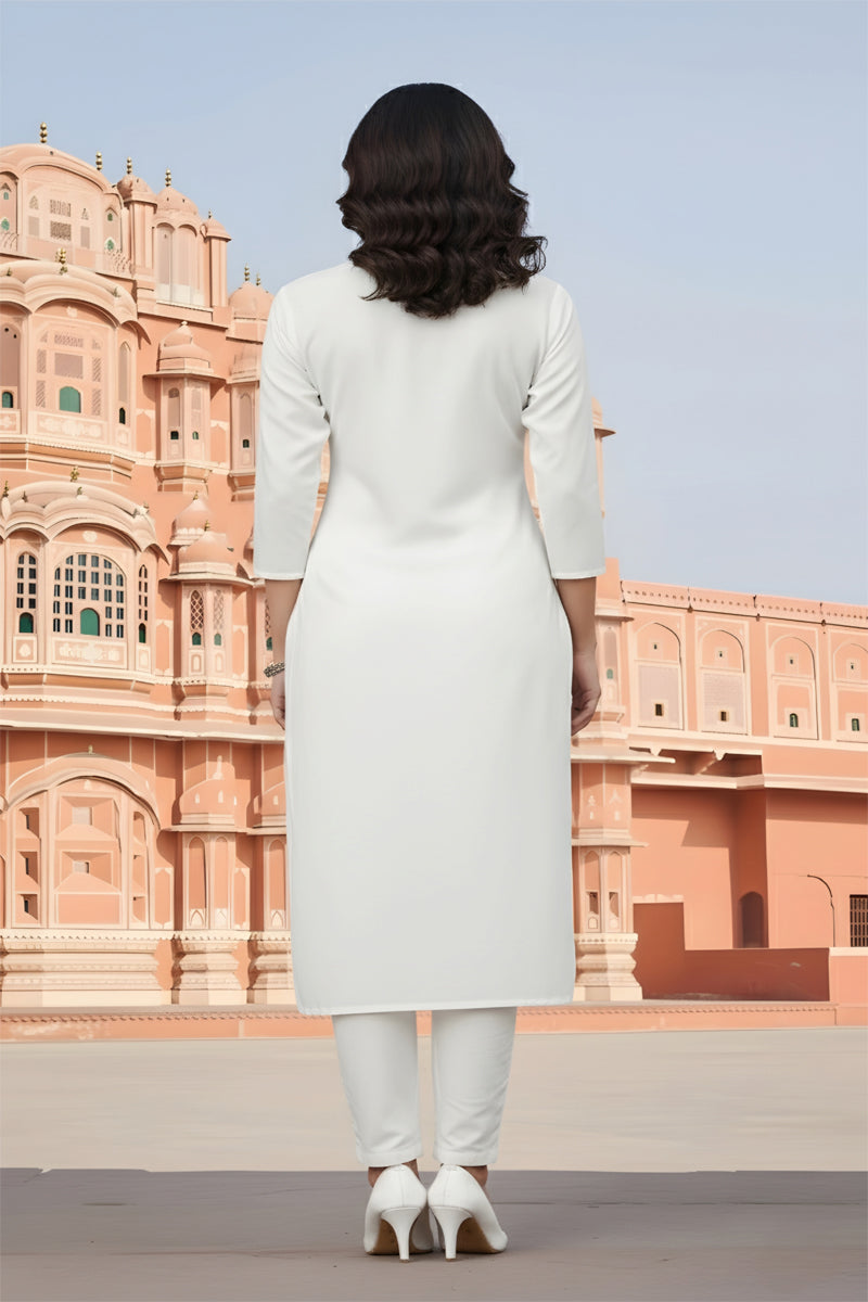 SRS Fashion White Embroidered Rayon Straight Kurta Set