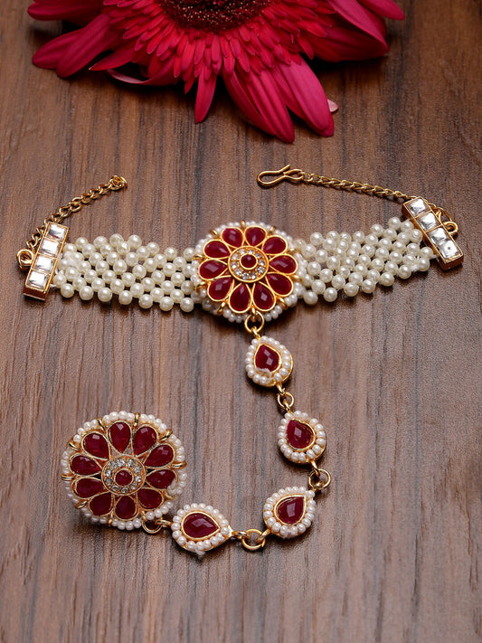 NVR Women's Red Gold-Polished Stone Studded Handcrafted Ring Bracelet