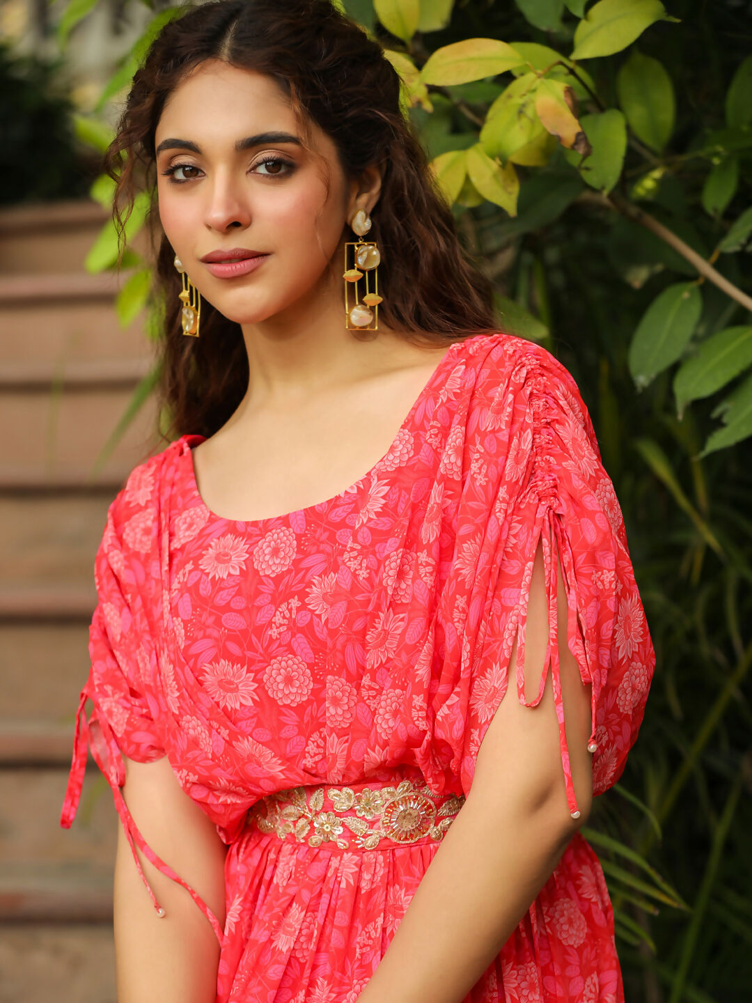 Janasya Pink Georgette Floral Gown 