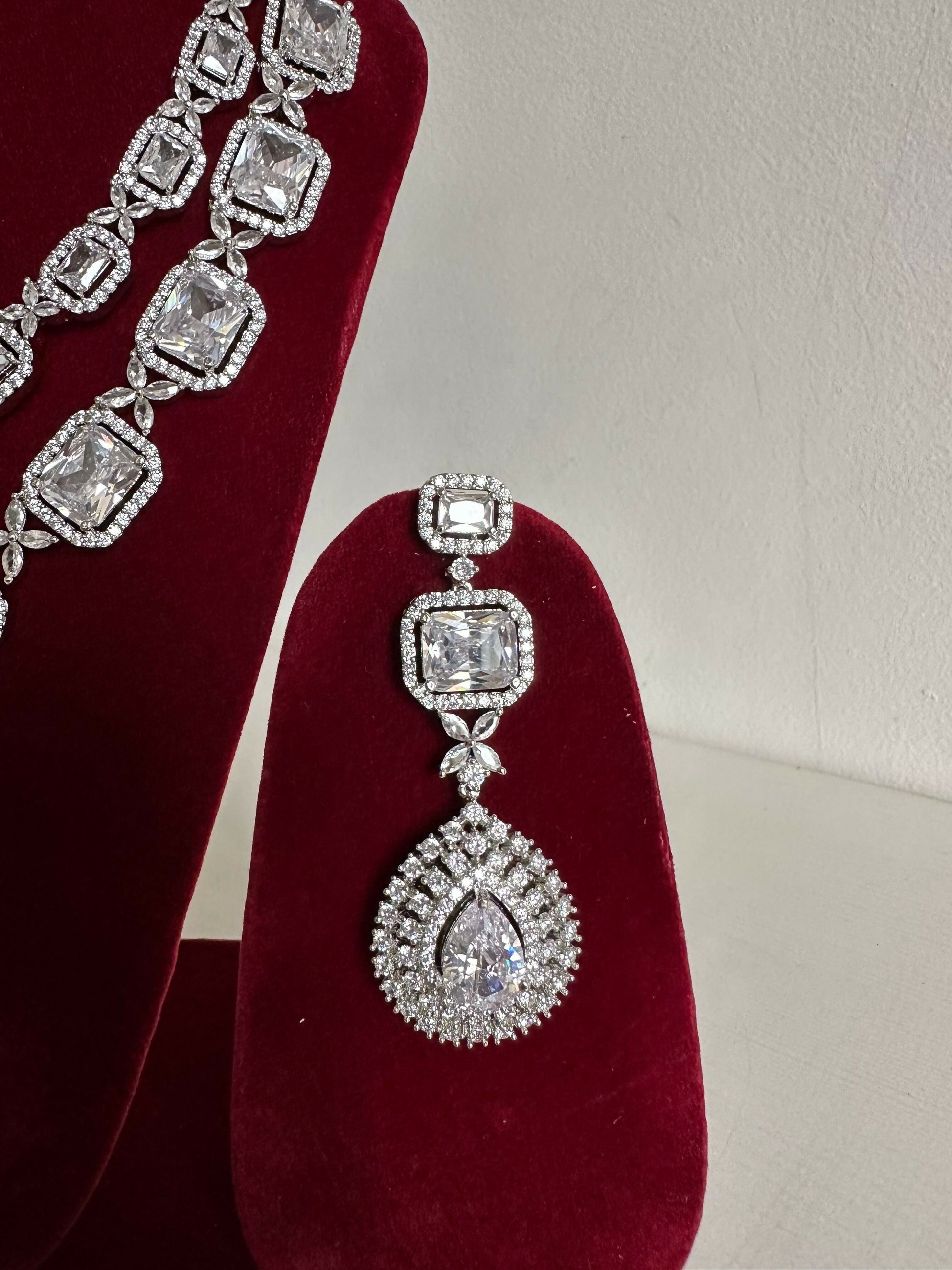 Siver American Diamond Two Layer Elegent Necklace Set With Earrings By House of Ree House of Ree