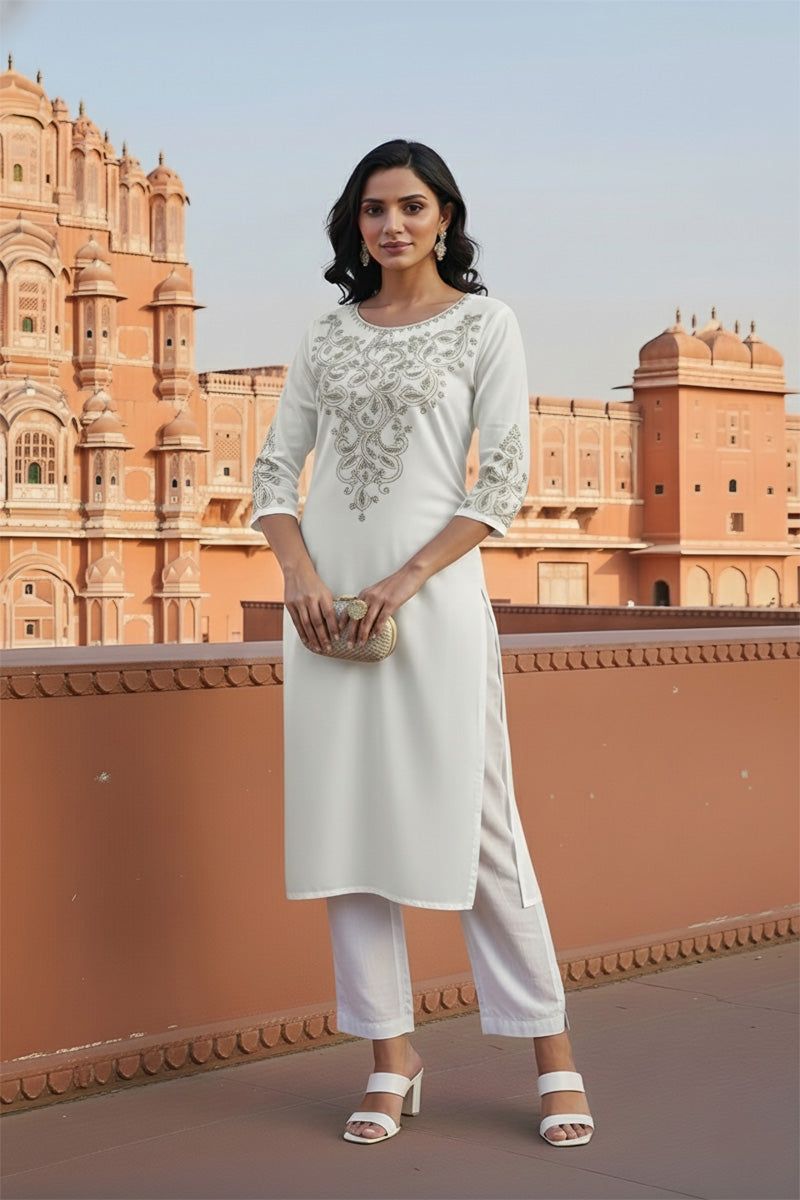 SRS Fashion White Embroidered Rayon Straight Kurta Set