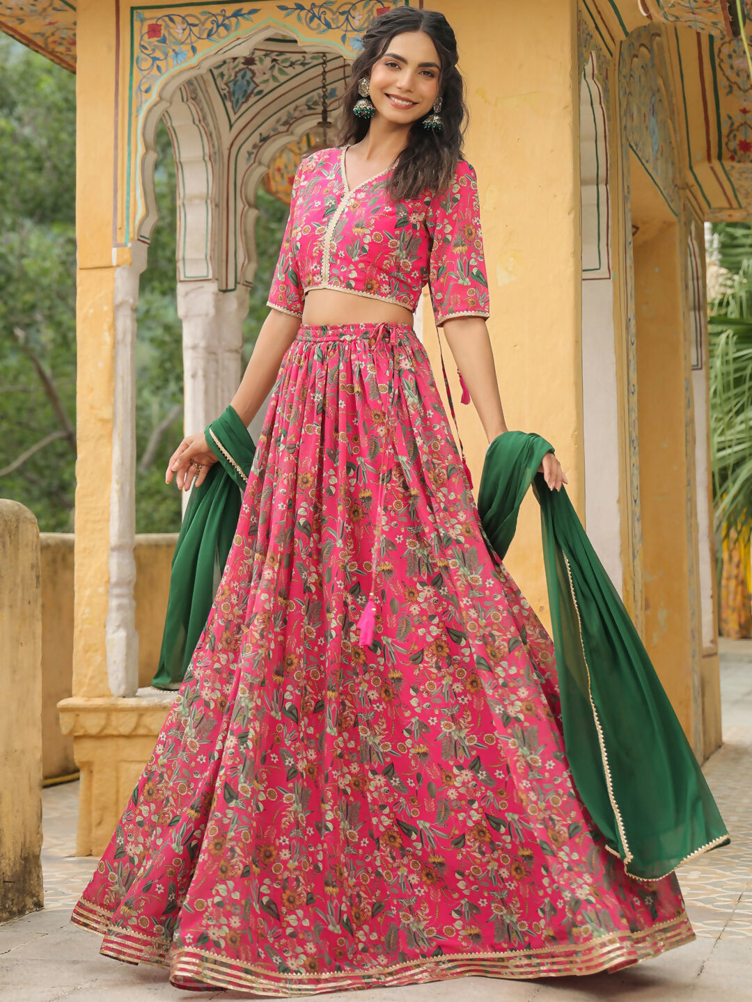 Janasya Pink Georgette Floral Lehenga Choli Dupatta 
