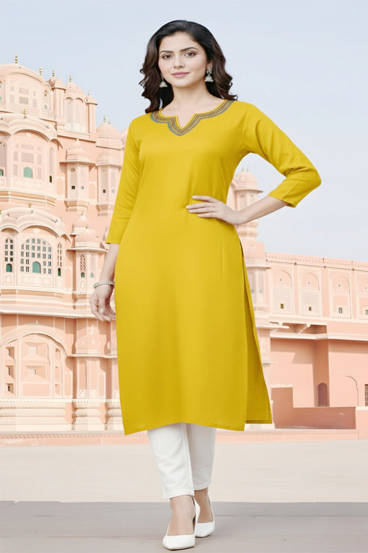 SRS Fashion Yellow Embroidered Rayon Straight Kurta Set