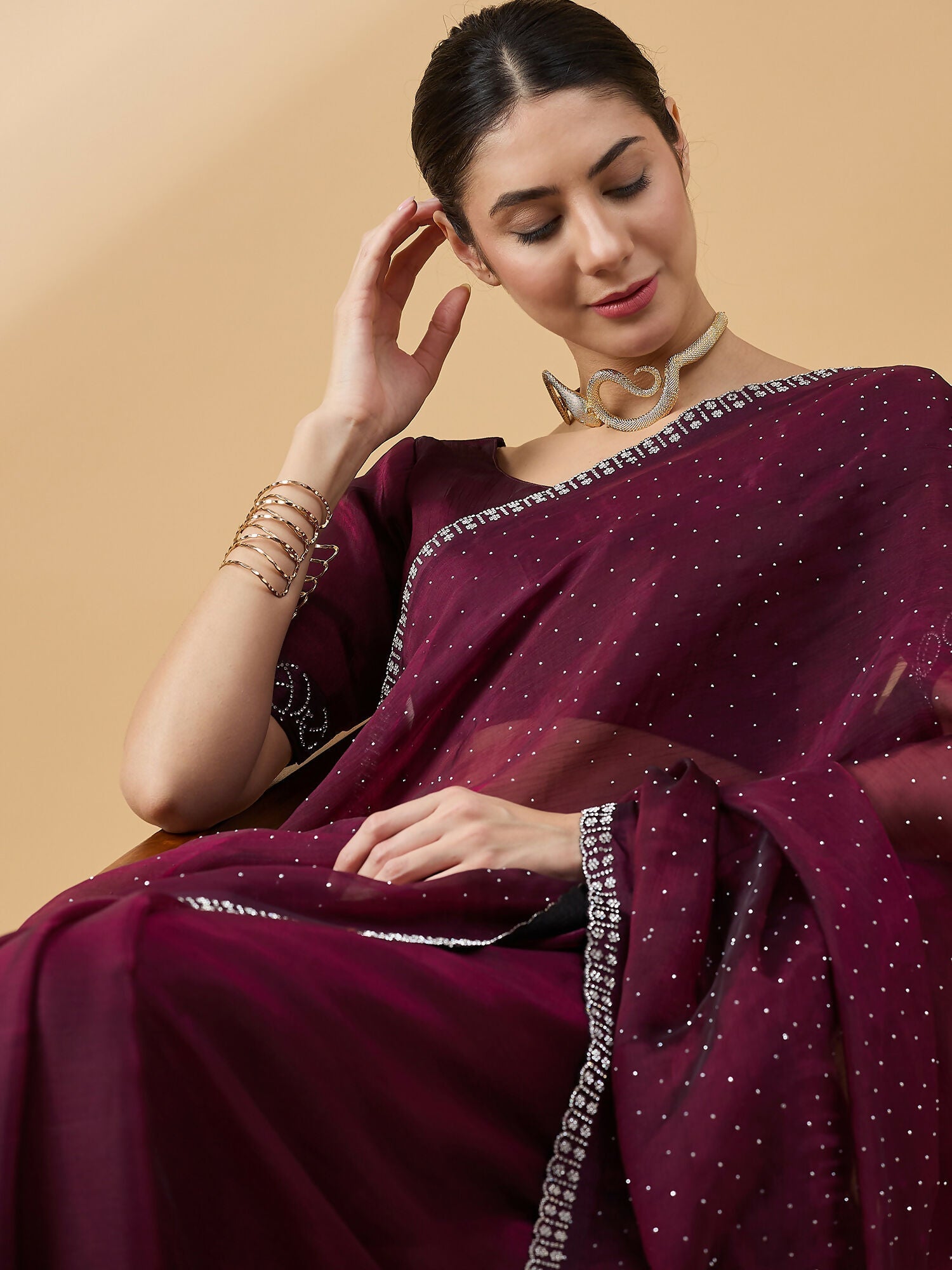 Purple Organza Swaroski Diamond Work Saree with Unstitched Blouse - Radha