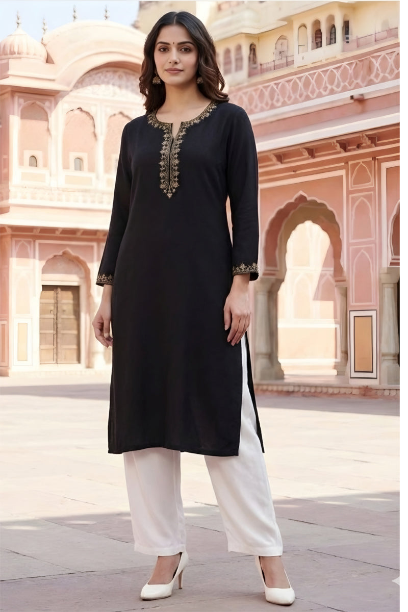 SRS Fashion Black Embroidered Rayon Straight Kurta Set