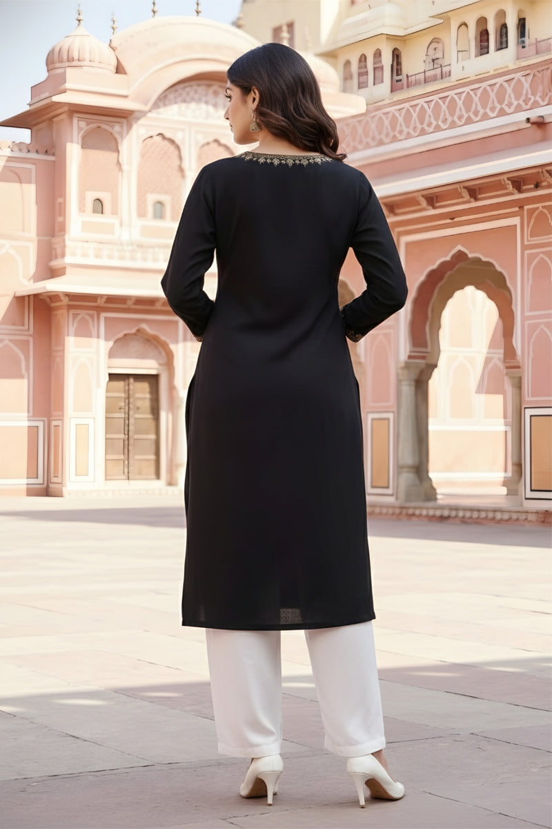 SRS Fashion Black Embroidered Rayon Straight Kurta Set