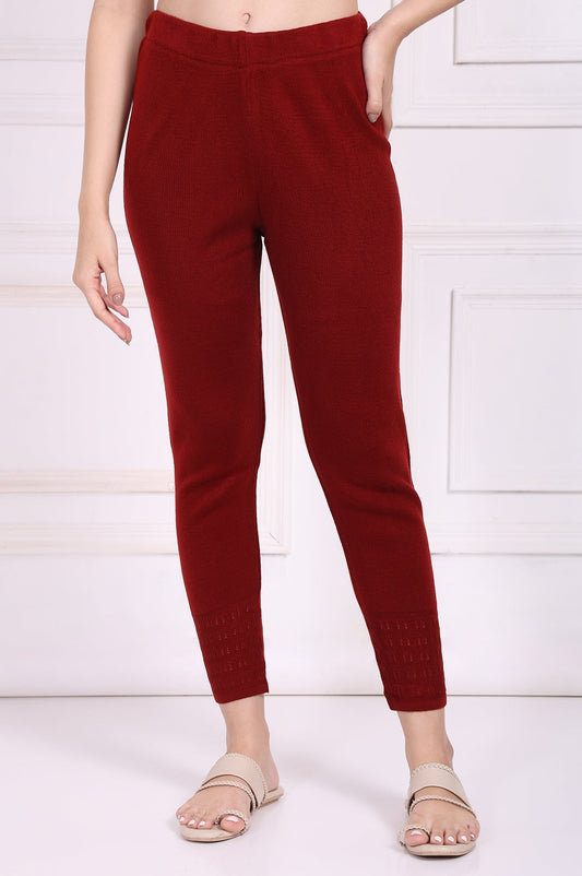 W for Woman Red Solid Acrylic Legging for Winter
