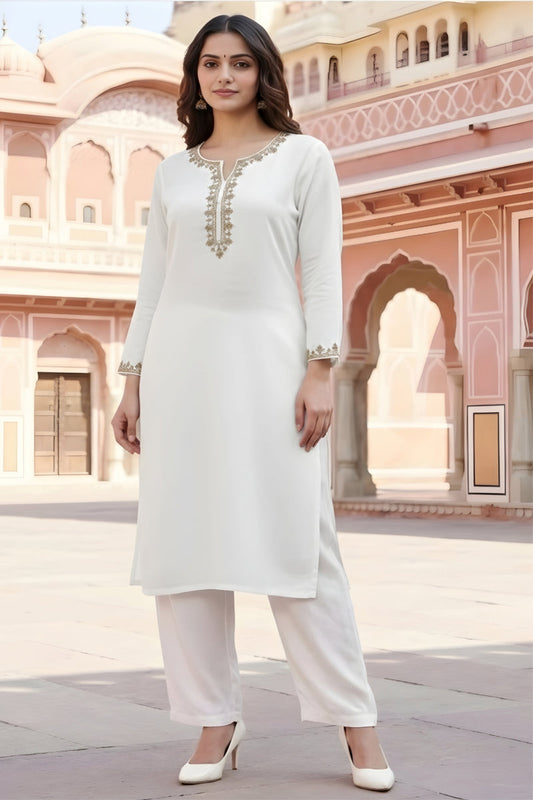 SRS Fashion White Embroidered Rayon Straight Kurta Set