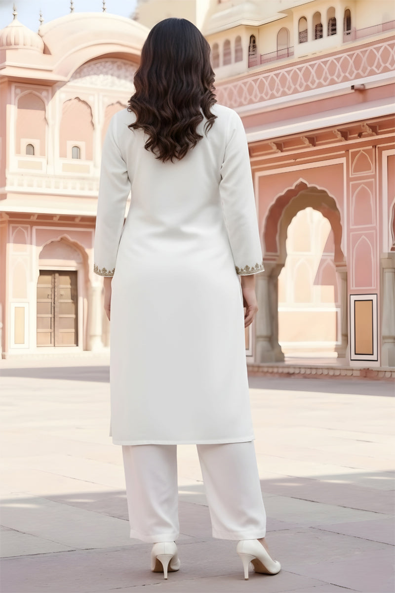 SRS Fashion White Embroidered Rayon Straight Kurta Set