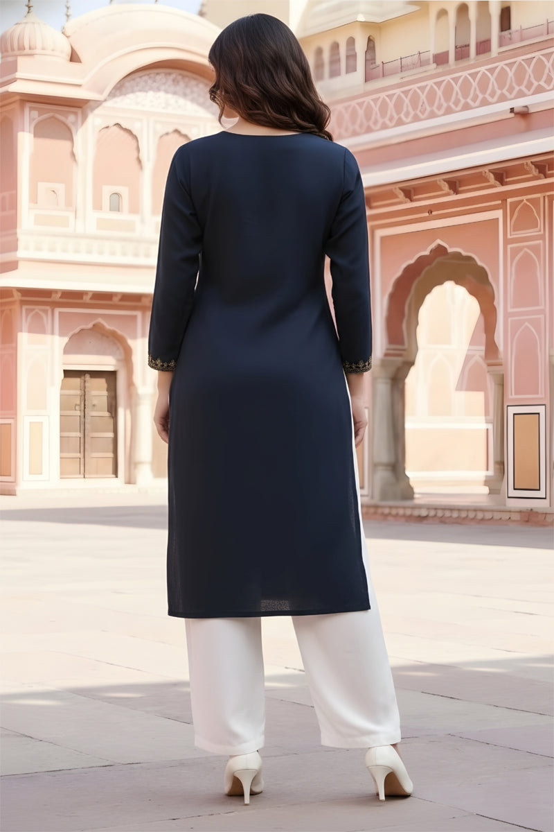 SRS Fashion Blue Embroidered Rayon Straight Kurta Set