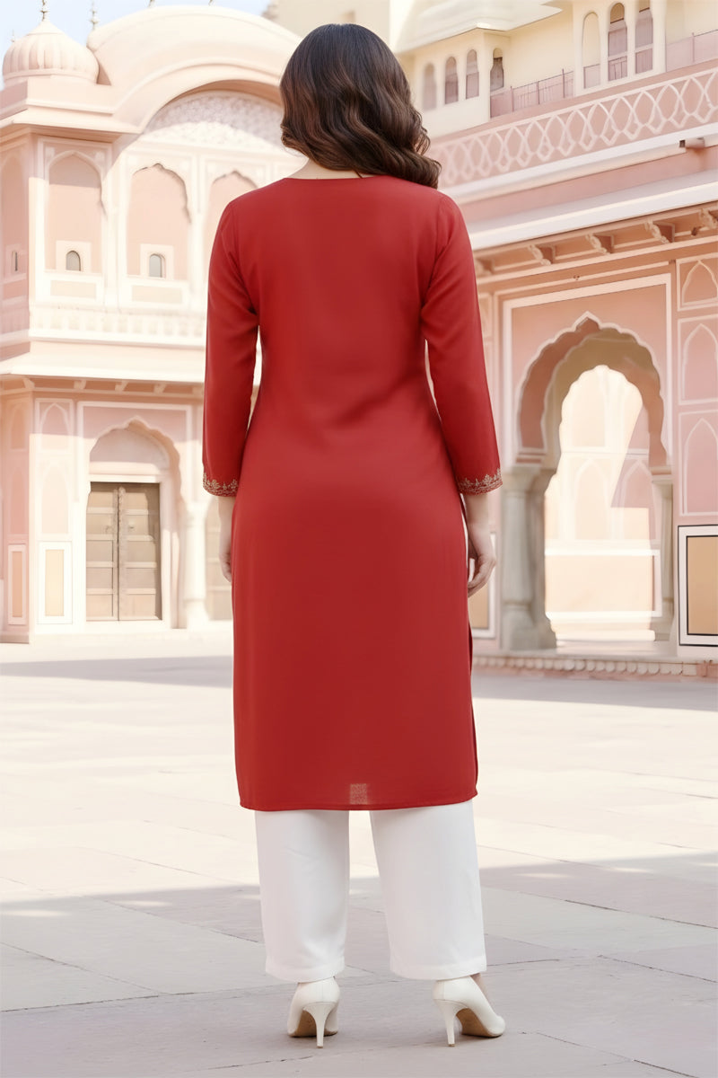 SRS Fashion Red Embroidered Rayon Straight Kurta Set