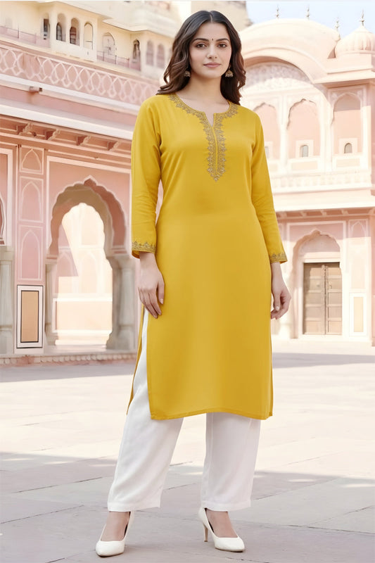 SRS Fashion Yellow Embroidered Rayon Straight Kurta Set
