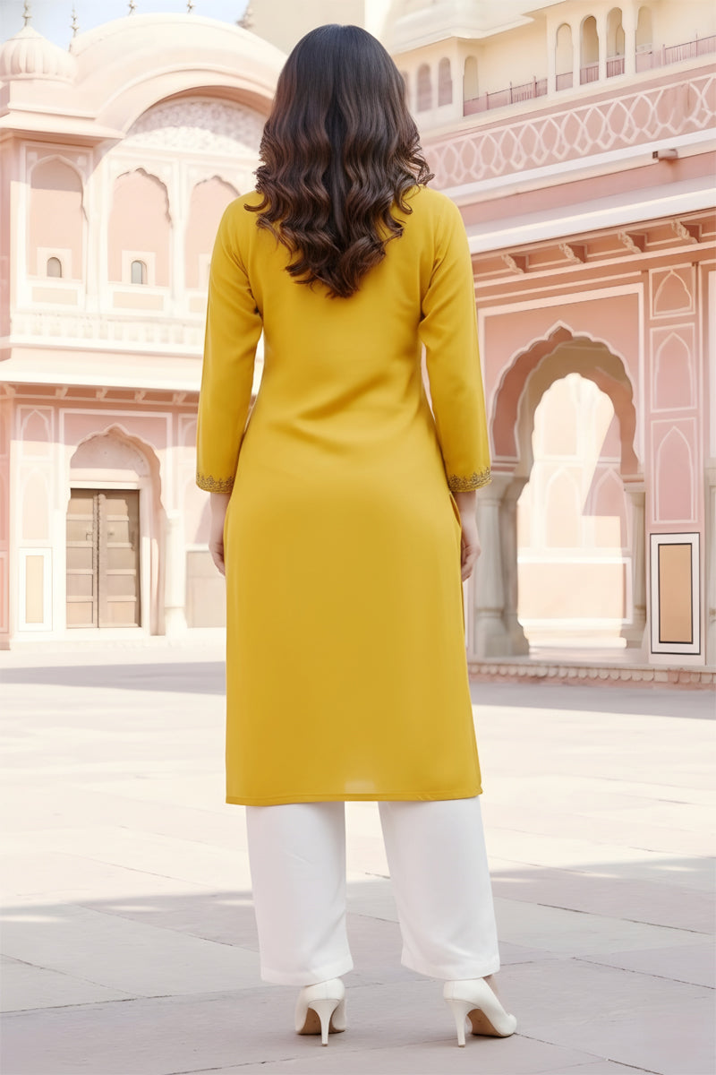 SRS Fashion Yellow Embroidered Rayon Straight Kurta Set