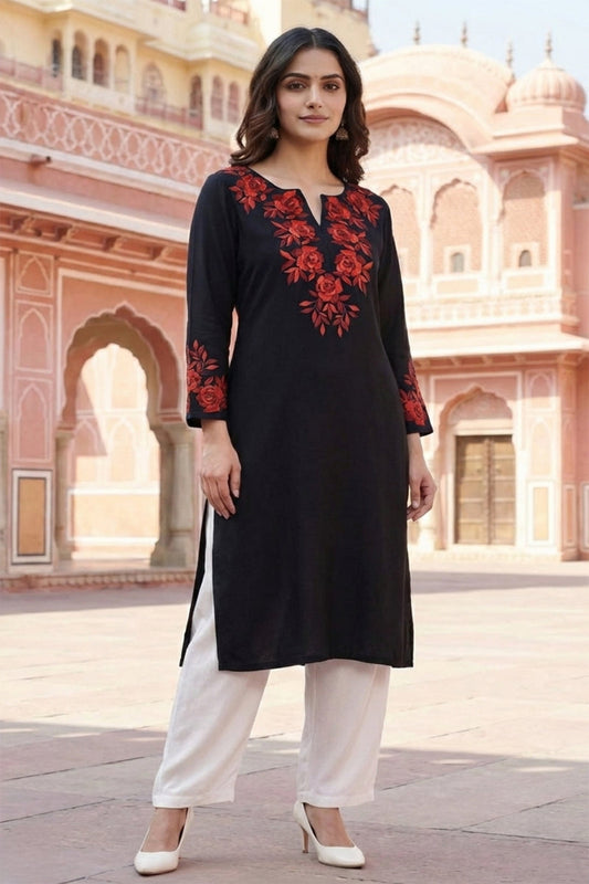 SRS Fashion Black Embroidered Rayon Straight Kurta Set