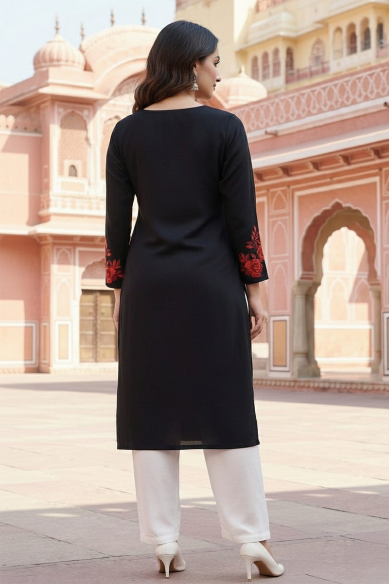 SRS Fashion Black Embroidered Rayon Straight Kurta Set