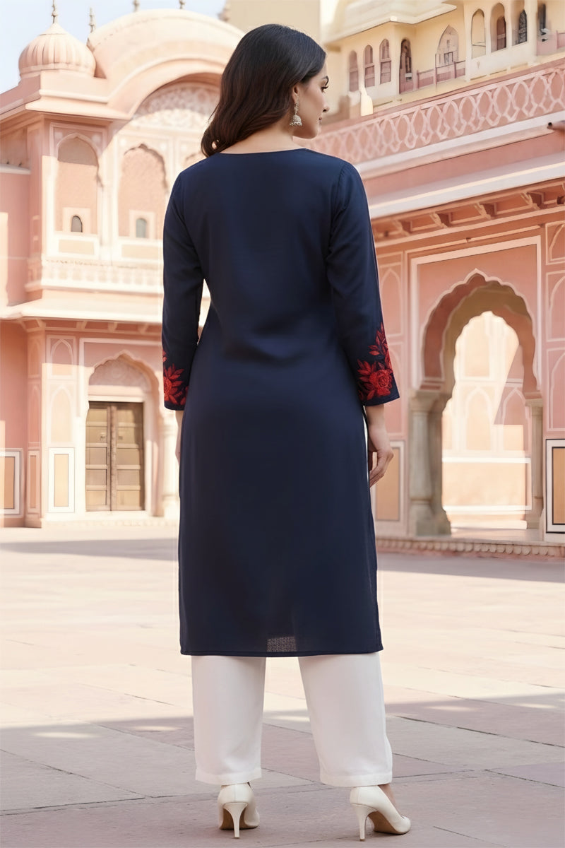 SRS Fashion Blue Embroidered Rayon Straight Kurta Set
