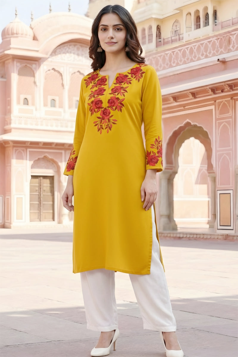 SRS Fashion Yellow Embroidered Rayon Straight Kurta Set