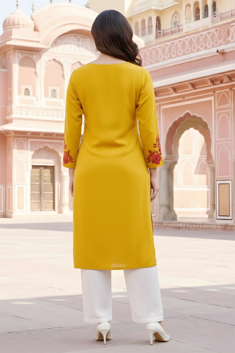 SRS Fashion Yellow Embroidered Rayon Straight Kurta Set