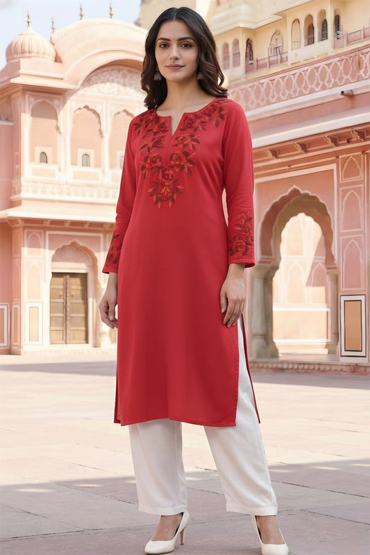 SRS Fashion Red Embroidered Rayon Straight Kurta Set