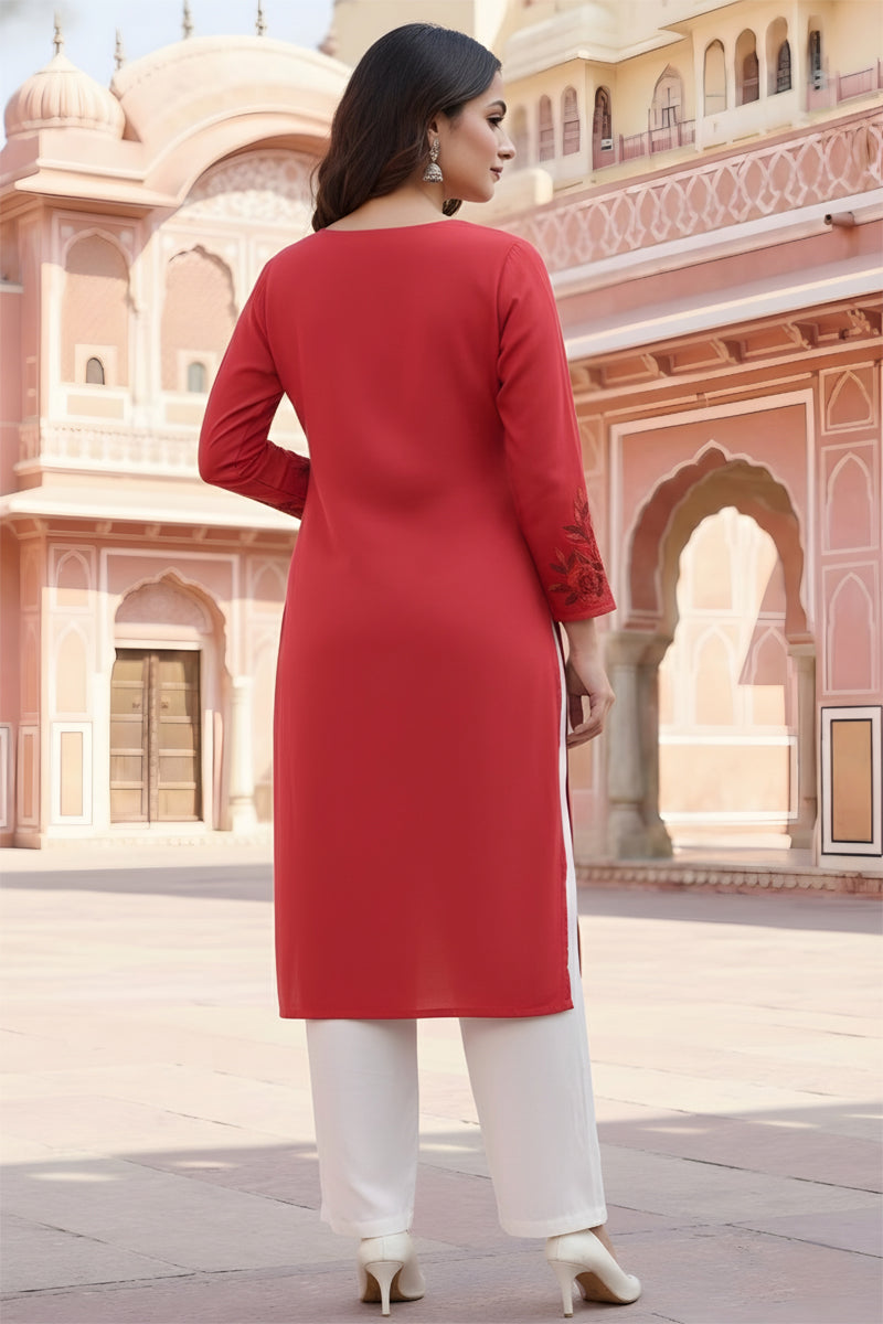 SRS Fashion Red Embroidered Rayon Straight Kurta Set