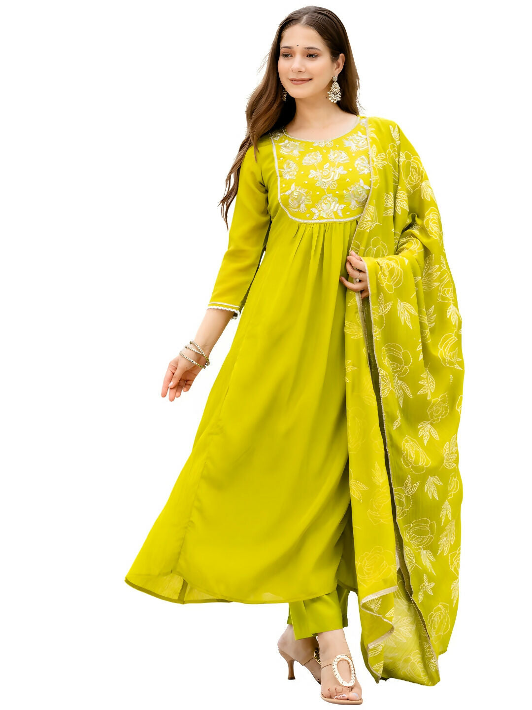The52 Liril Women's Beautiful Embroidered work Chinon Fabric with Flared Kurta, Pant and Dupatta Set | Grab2Buy