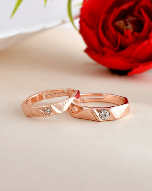 VOJ Stainless Steel Cubic Zirconia Rose Gold-Polished Adjustable Ring Set for Couple 