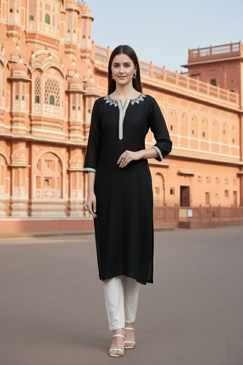SRS Fashion Black Embroidered Rayon Straight Kurta Set