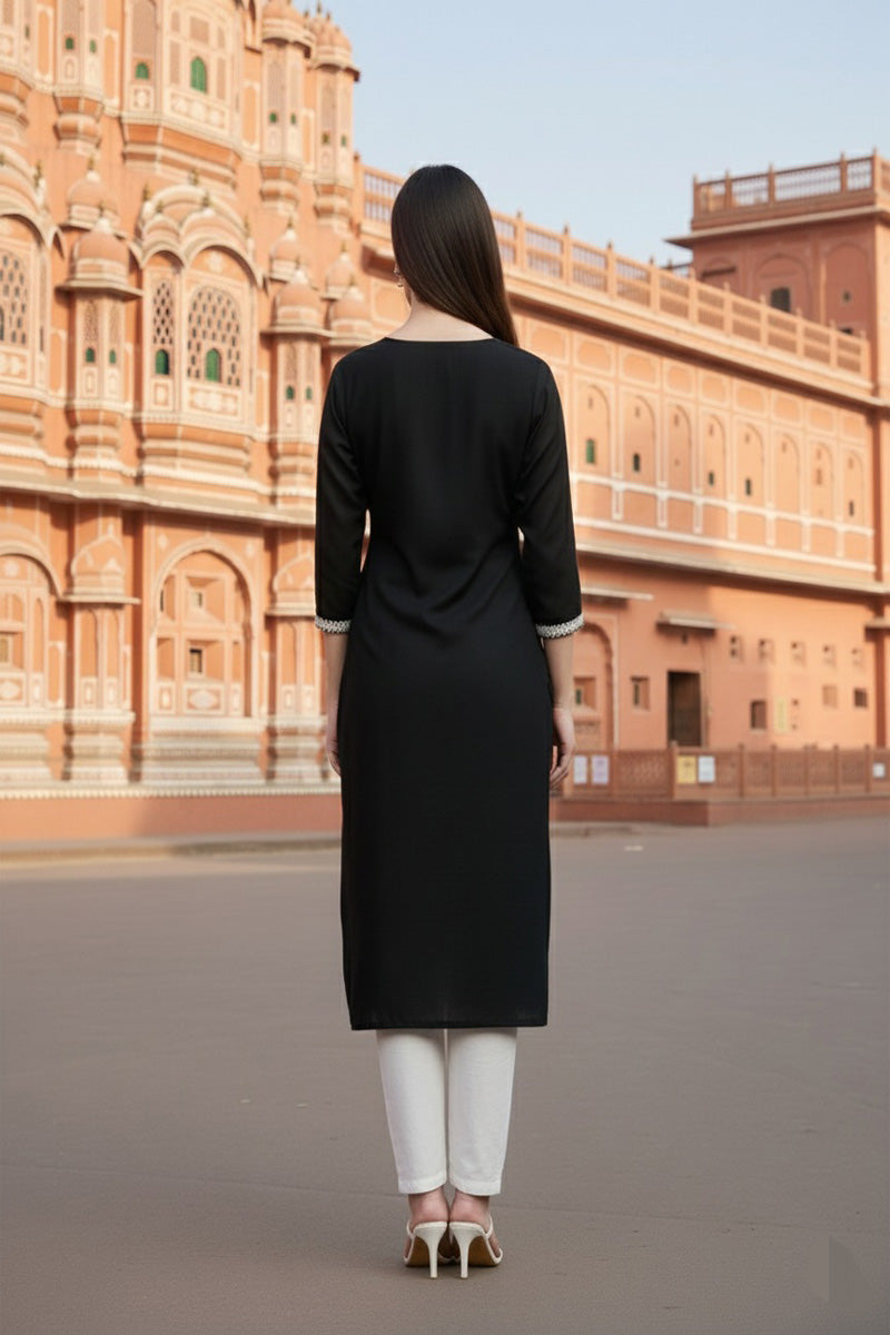 SRS Fashion Black Embroidered Rayon Straight Kurta Set