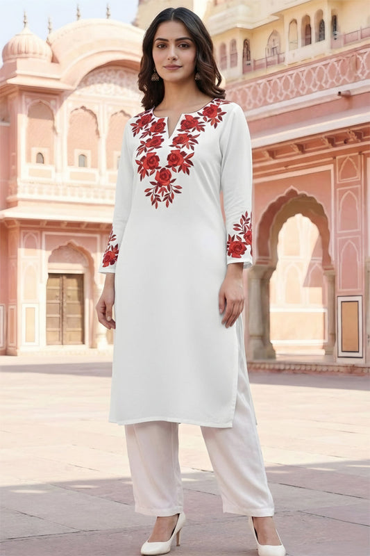 SRS Fashion White Embroidered Rayon Straight Kurta Set