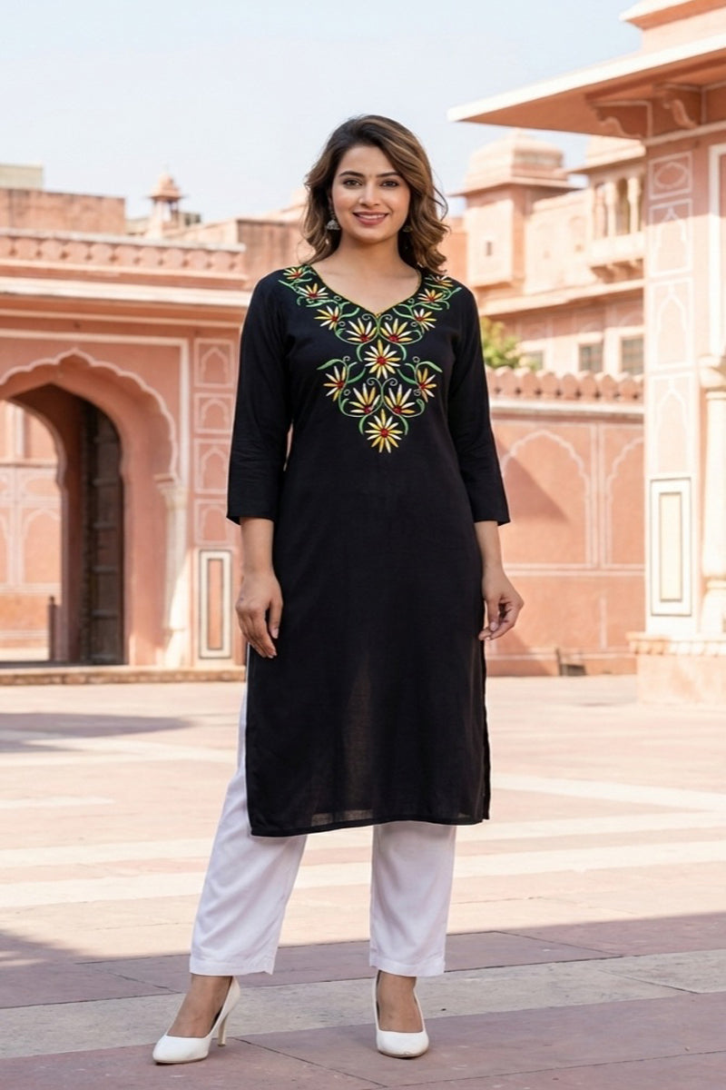 SRS Fashion Black Embroidered Rayon Straight Kurta Set