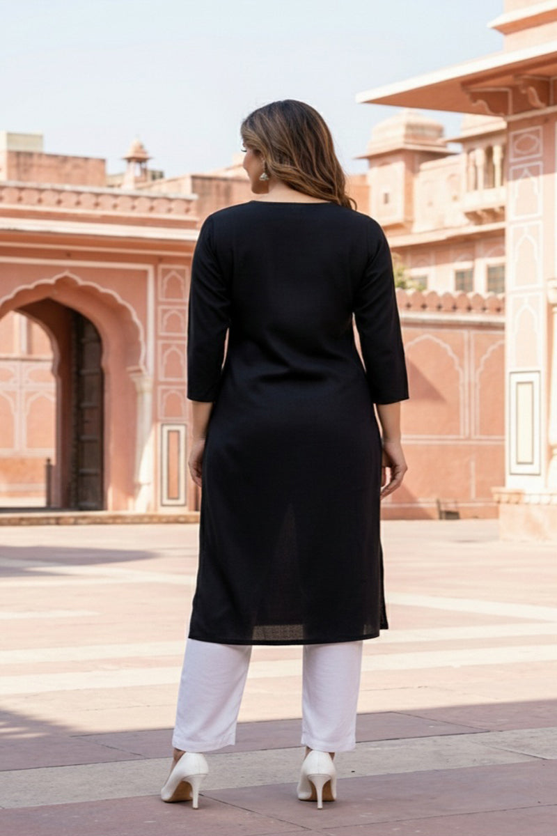 SRS Fashion Black Embroidered Rayon Straight Kurta Set