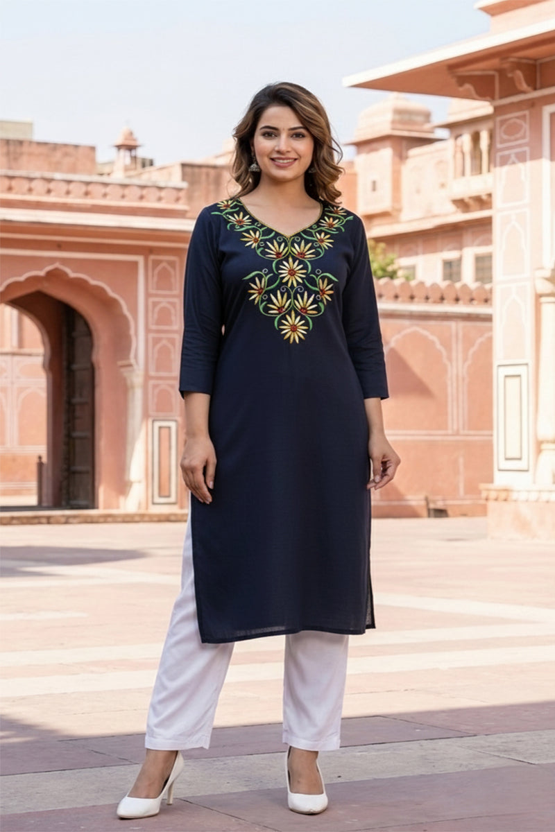 SRS Fashion Blue Embroidered Rayon Straight Kurta Set