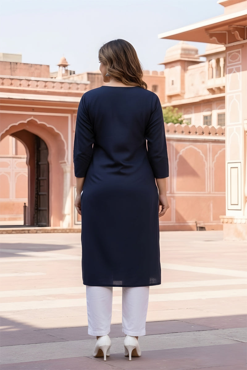 SRS Fashion Blue Embroidered Rayon Straight Kurta Set