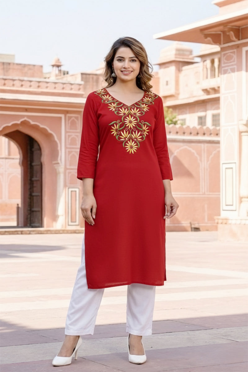 SRS Fashion Red Embroidered Rayon Straight Kurta Set