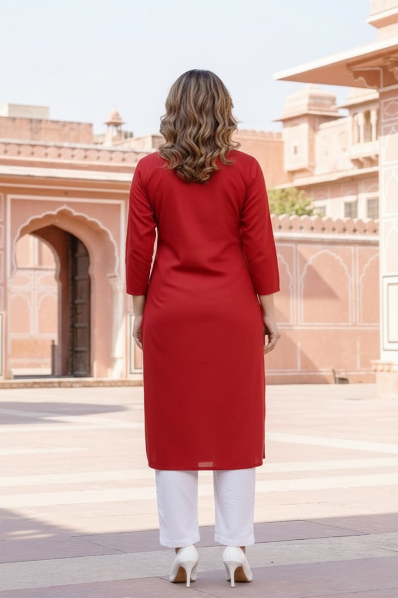 SRS Fashion Red Embroidered Rayon Straight Kurta Set
