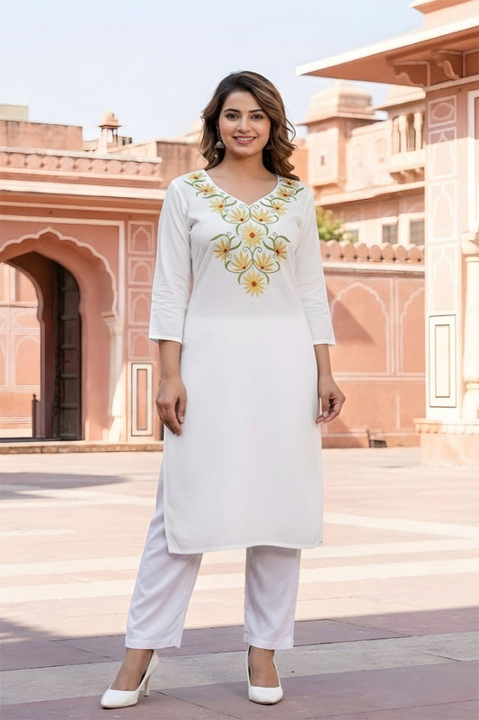 SRS Fashion White Embroidered Rayon Straight Kurta Set