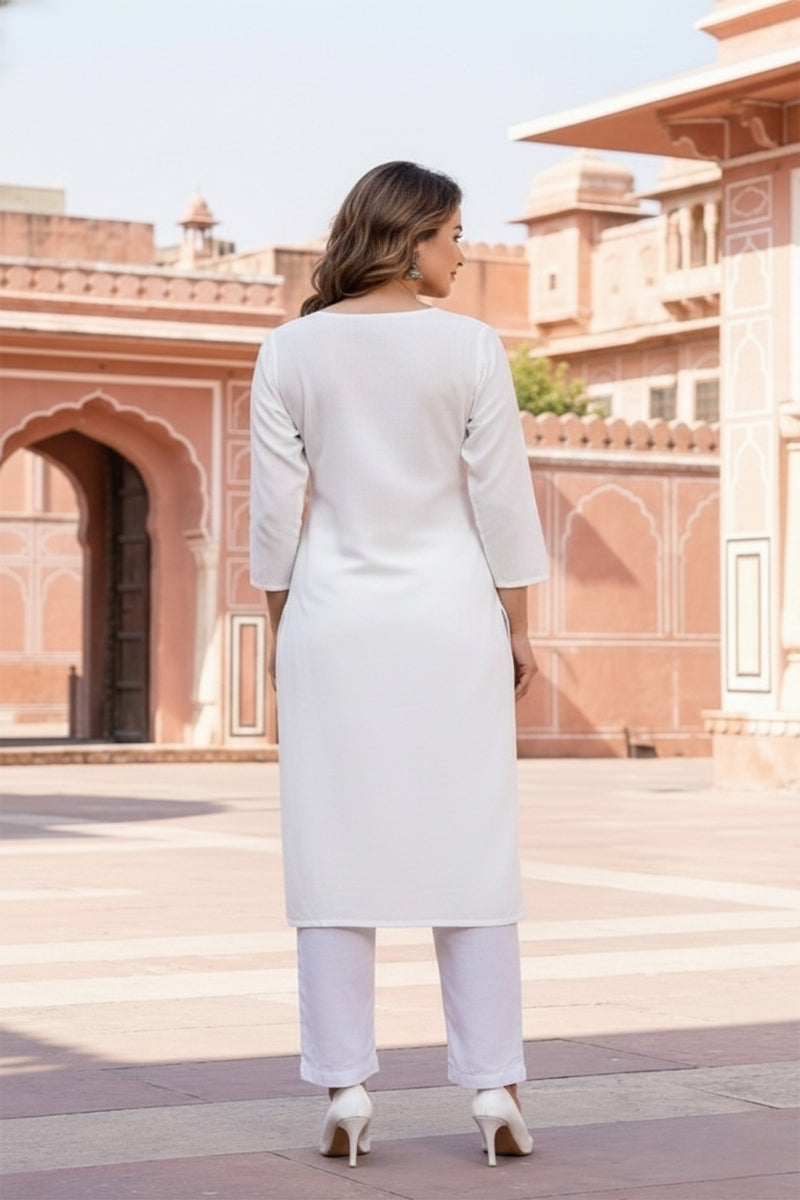 SRS Fashion White Embroidered Rayon Straight Kurta Set