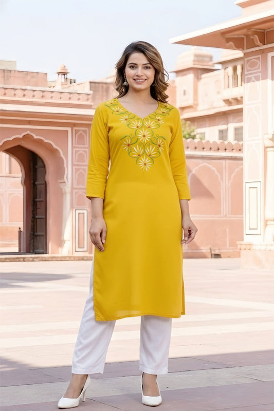 SRS Fashion Yellow Embroidered Rayon Straight Kurta Set