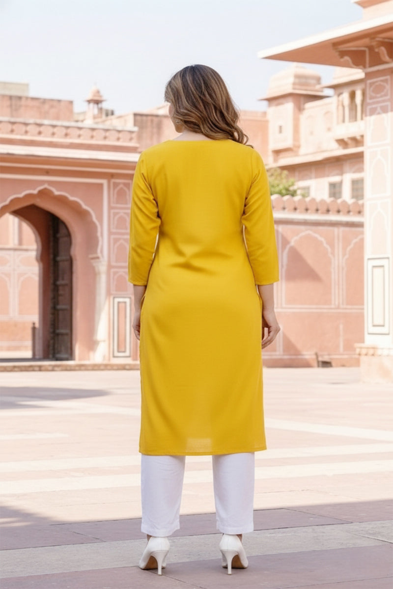 SRS Fashion Yellow Embroidered Rayon Straight Kurta Set