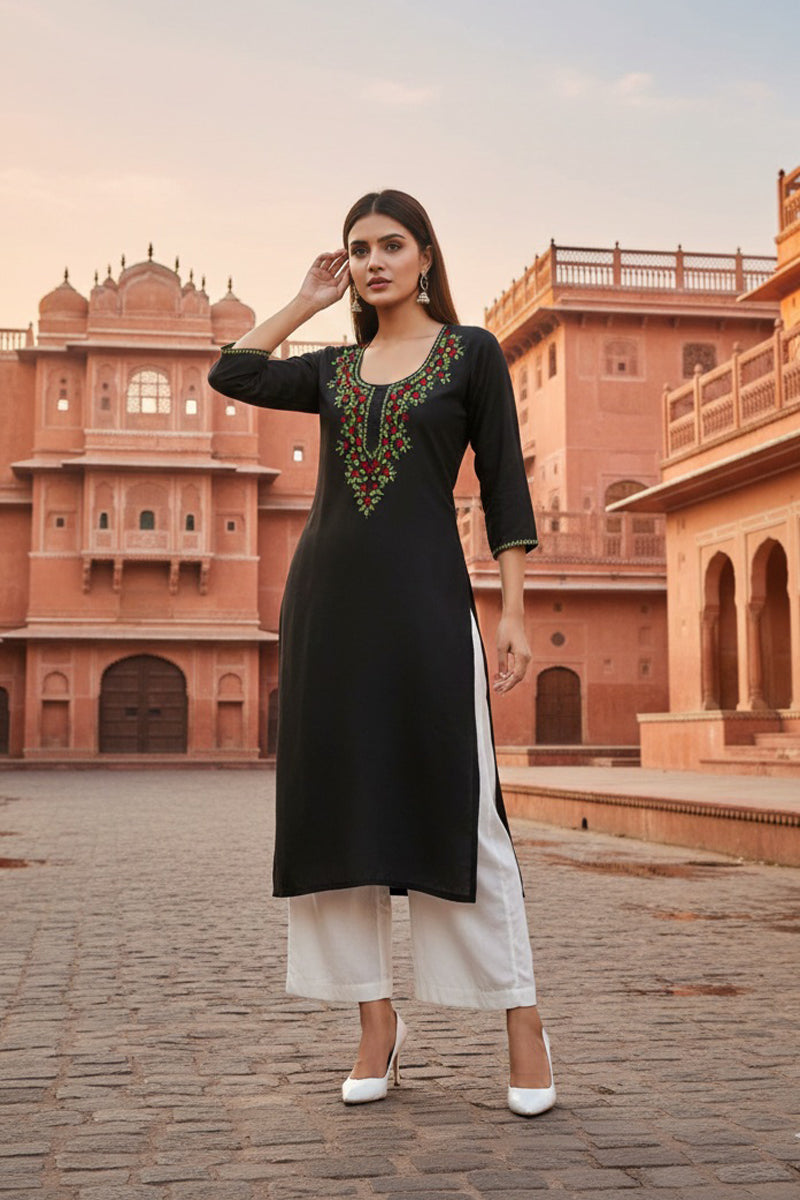 SRS Fashion Black Embroidered Rayon Straight Kurta Set
