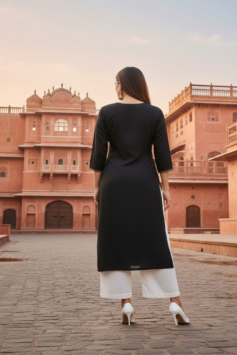 SRS Fashion Black Embroidered Rayon Straight Kurta Set