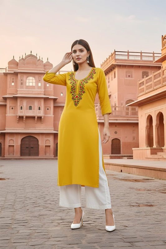 SRS Fashion Yellow Embroidered Rayon Straight Kurta Set